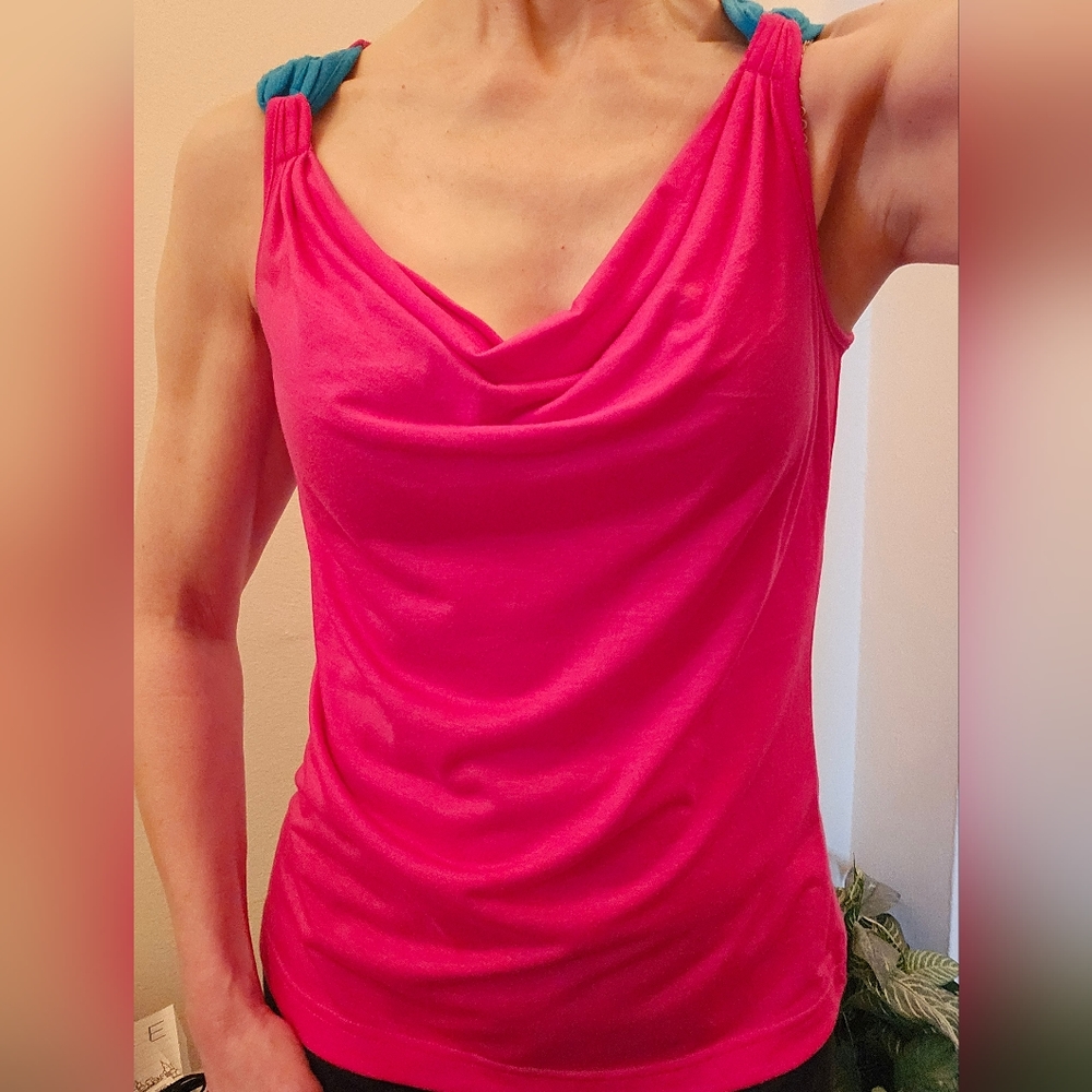 Avon Barbie pink cowl neck tank top with turquoise accents size Small